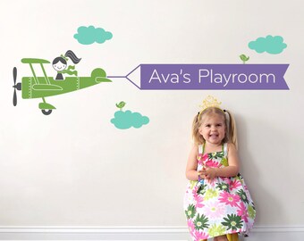 Airplane Wall Decal Girls Name Banner Baby Travel Theme Nursery Kids Playroom