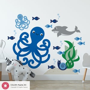 Octopus & Ocean Friends Fabric Wall Decals Under-the-Sea Nursery Kawaii Sea Life Underwater Kids Room Decor REUSABLE Palette #3