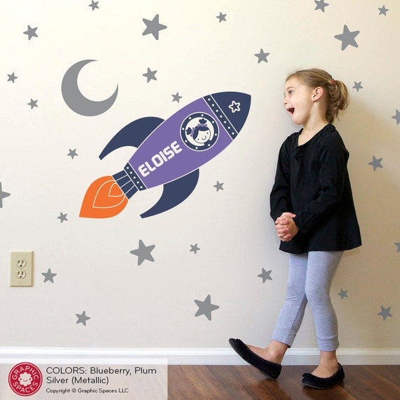 Rocket Girl Wall Decal Girls Name Outer Space Baby Nursery Etsy