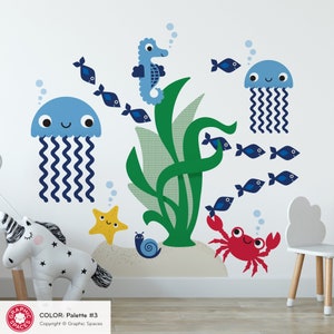 Jellyfish & Ocean Friends Fabric Wall Decals: Under the Sea Tropical Baby Nursery Sea Life Underwater Beach Kids Wall Stickers REUSABLE Palette #3