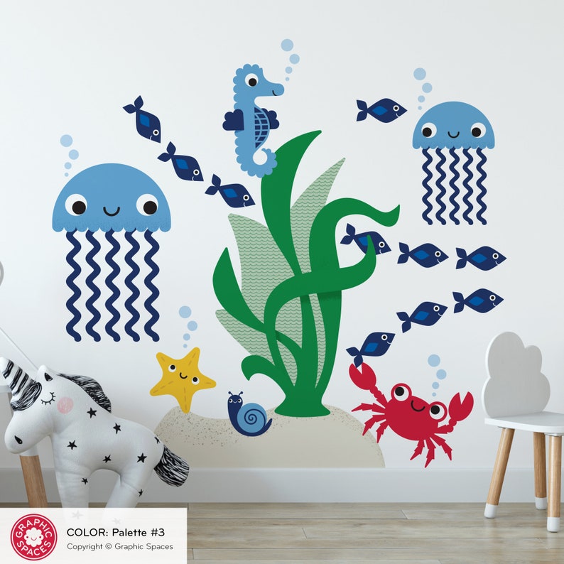 Jellyfish & Ocean Friends Fabric Wall Decals: Under the Sea Tropical Baby Nursery Sea Life Underwater Beach Kids Wall Stickers REUSABLE Palette #3