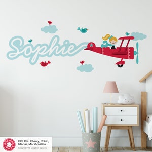Airplane Girl Name Fabric Wall Decal Personalized Skywriter Cursive Script Travel Nursery Baby Kids REUSABLE image 4