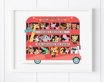 Animal Zoo London Bus Art Print, Whimsical Baby Boy Nursery Art, Kids Safari Bus Wall Art - Personalized BOY Bus Driver