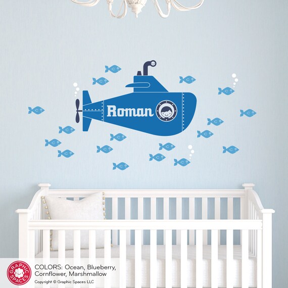 Yellow Submarine Boy Wall Decal Personalized Name Ocean Baby Nursery Underwater Sea Life Kids Room Decor