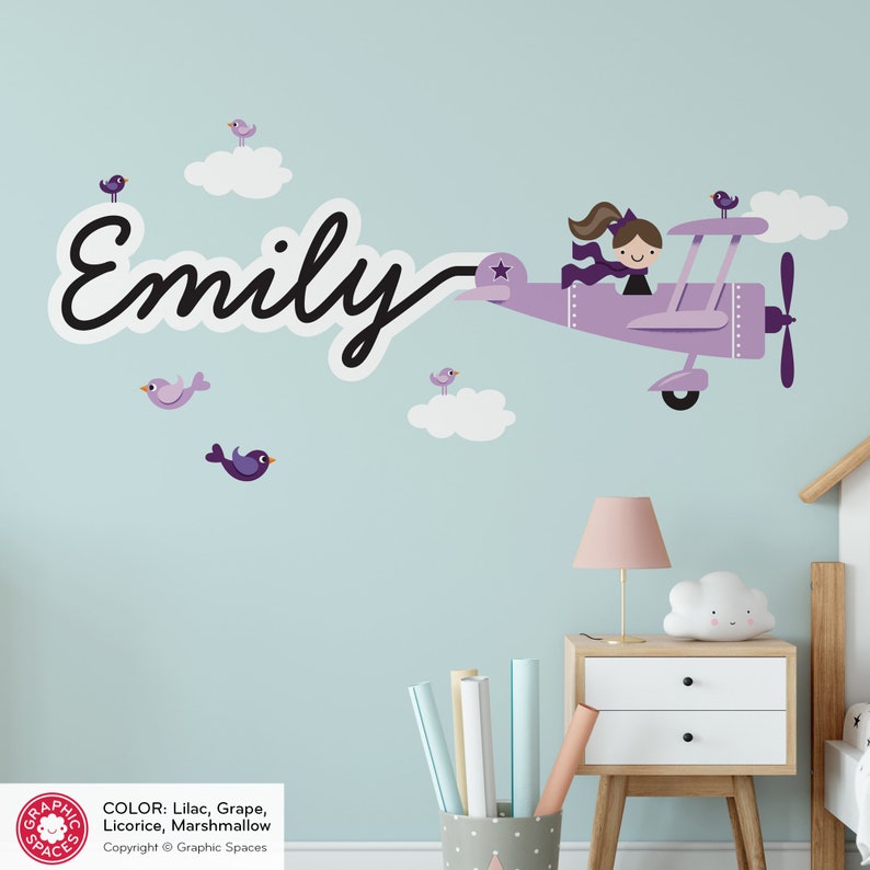 Airplane Girl Name Fabric Wall Decal Personalized Skywriter Travel Nursery Baby Kids, Cursive Script REUSABLE image 1