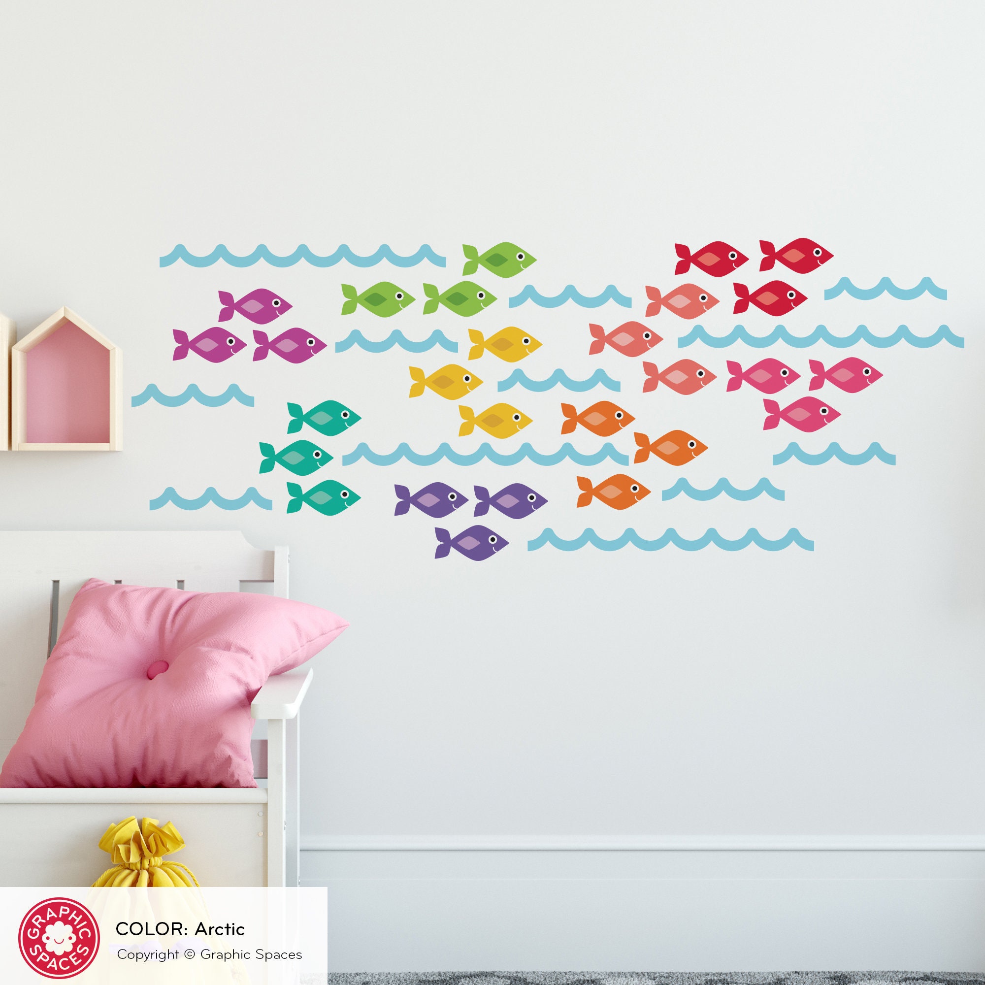 Rainbow Baby Fish FABRIC Wall Decals, Ocean Waves Sea Life Underwater…