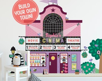 Vinilo decorativo de tela para pared de cine - Happy Town - Rosa - Personalizado (M, L, XL)