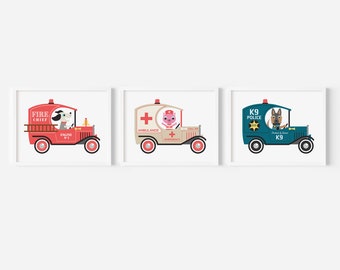 Rescue Vehicle Art Print Collection, Whimsical Baby Nursery & Kids Fire Engine, Ambulance, K9 Police Emergency Trucks - Set of 3 Prints