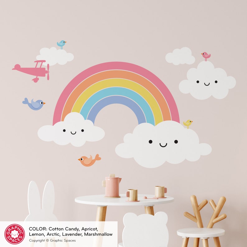 Happy Rainbow Name Fabric Wall Decal: Personalized Baby Nursery Kids Kawaii Rainbow Wall Sticker REUSABLE Happy Face Clouds