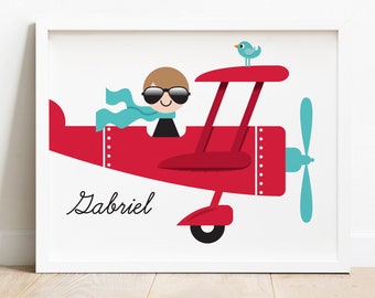 Airplane Boy Nursery Art Print with Personalized Name