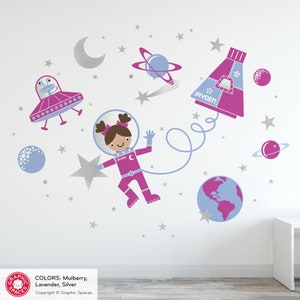 Space Walk Girl Fabric Wall Decal Personalized Name Rocket Capsule, UFO, Astronaut, Planets, Stars, Moon Baby Nursery Kids REUSABLE image 8