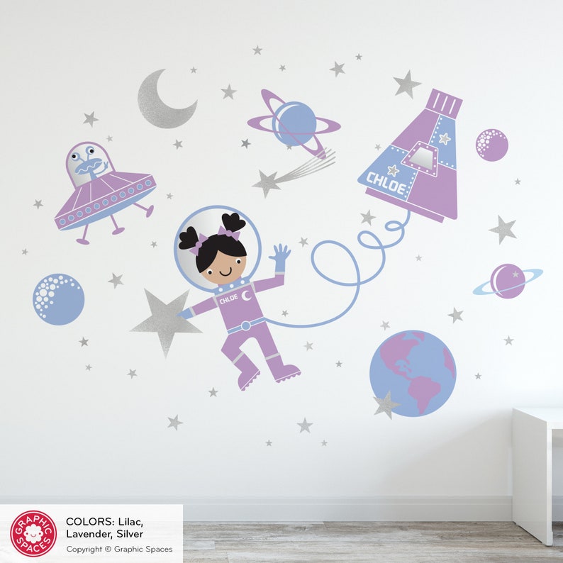 Space Walk Girl Fabric Wall Decal Personalized Name Rocket Capsule, UFO, Astronaut, Planets, Stars, Moon Baby Nursery Kids REUSABLE image 6