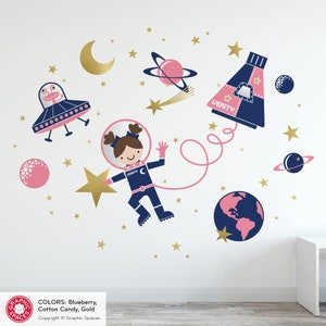 Space Walk Girl Fabric Wall Decal Personalized Name Rocket Capsule, UFO, Astronaut, Planets, Stars, Moon Baby Nursery Kids REUSABLE image 5