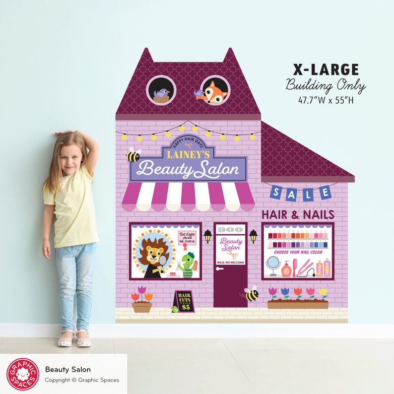 Beauty Salon Fabric Wall Decal, Personalized Kids Happy Town City Building, Pretend & Dramatic Play, Reusable M, L, XL XL Bldg