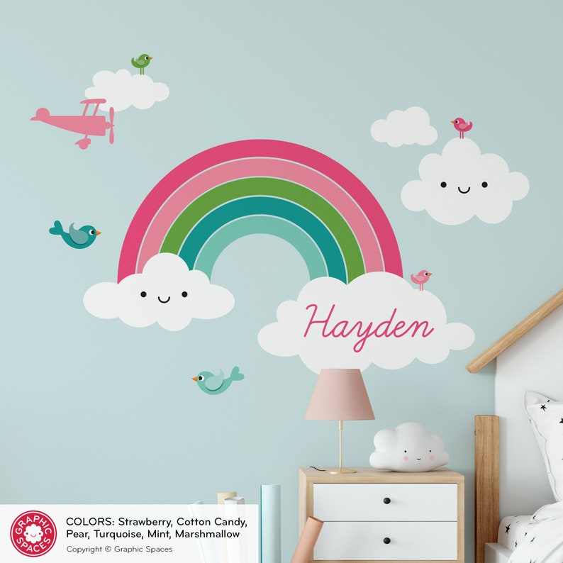 Happy Rainbow Name Fabric Wall Decal: Personalized Baby Nursery Kids Kawaii Rainbow Wall Sticker REUSABLE image 4