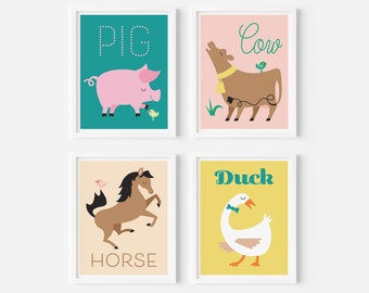 Farm Animal Nursery Art Print Collection, Baby Kids Animal Posters, Pig, Cow, Horse, Duck - Set of 4 Prints