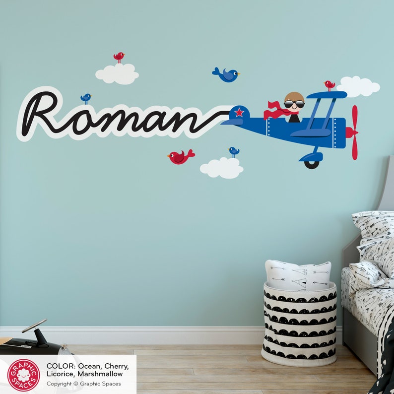 Airplane Boy Name Fabric Wall Decal Personalized Skywriter Cursive Script Travel Transportation Nursery Baby Kids REUSABLE image 7