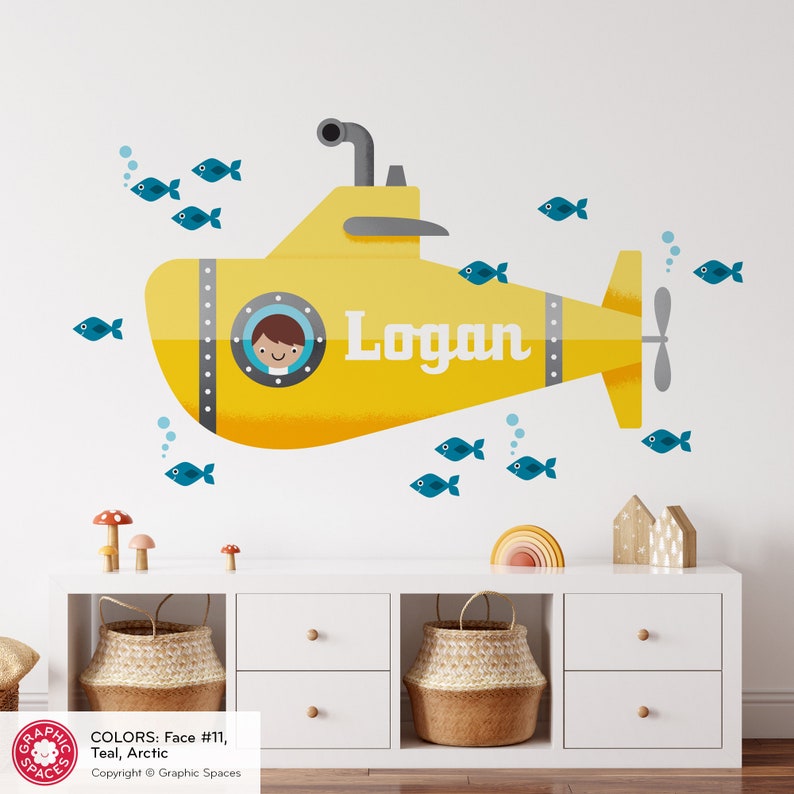 Yellow Submarine Boy Fabric Wall Decal Personalized Name Ocean Baby Nursery Underwater Sea Life REUSABLE image 2