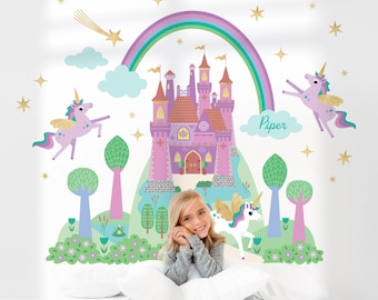Castillo del Reino del Unicornio - Vinilo decorativo de tela - Habitación infantil de cuento de hadas personalizada (morado) S, M, L