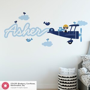 Airplane Boy Name Fabric Wall Decal Personalized Skywriter Cursive Script Travel Transportation Nursery Baby Kids REUSABLE image 3