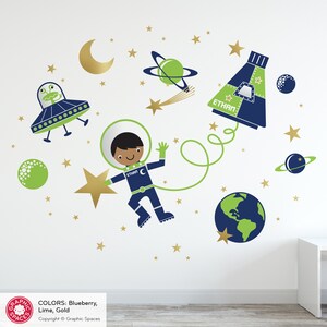 Space Walk Boy Fabric Wall Decal Personalized Name Rocket Capsule, UFO, Astronaut, Planets, Stars, Moon Baby Nursery Kids REUSABLE image 3
