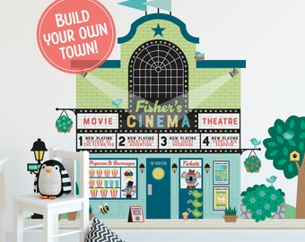 Movie Theatre Cinema Fabric Wall Decal, Personalized Kids Happy Town City Building, Pretend Dramatic Play, Reusable - M, L, XL (blue-green)