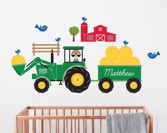 Farm Tractor Boy Nursery Fabric Wall Decal,  Personalized Name Hay Wagon - Reusable