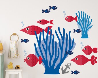 Ocean Fish & Sea Coral Fabric Wall Decal Stickers, Kids Underwater Sea Life Nursery Under the Sea Nautical Aquarium Scene - REUSABLE