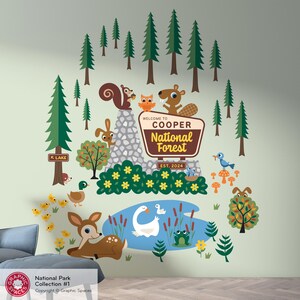 Calcomanías de pared con letrero de entrada al Bosque Nacional - Animales del Bosque - Decoración personalizada para habitación infantil