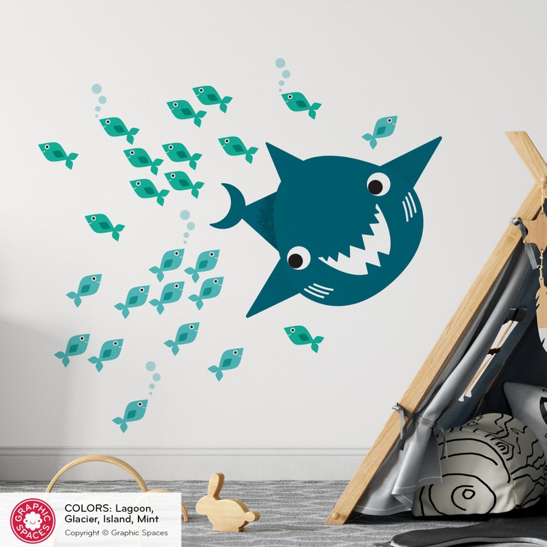 Happy Shark & Fish Fabric Wall Decals: Ocean Sea Life Underwater Nursery REUSABLE image 5