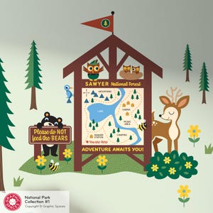 Calcomanías de tela para pared con mapa de la estación del Bosque Nacional - Animales del Bosque - Decoración personalizada para habitación infantil