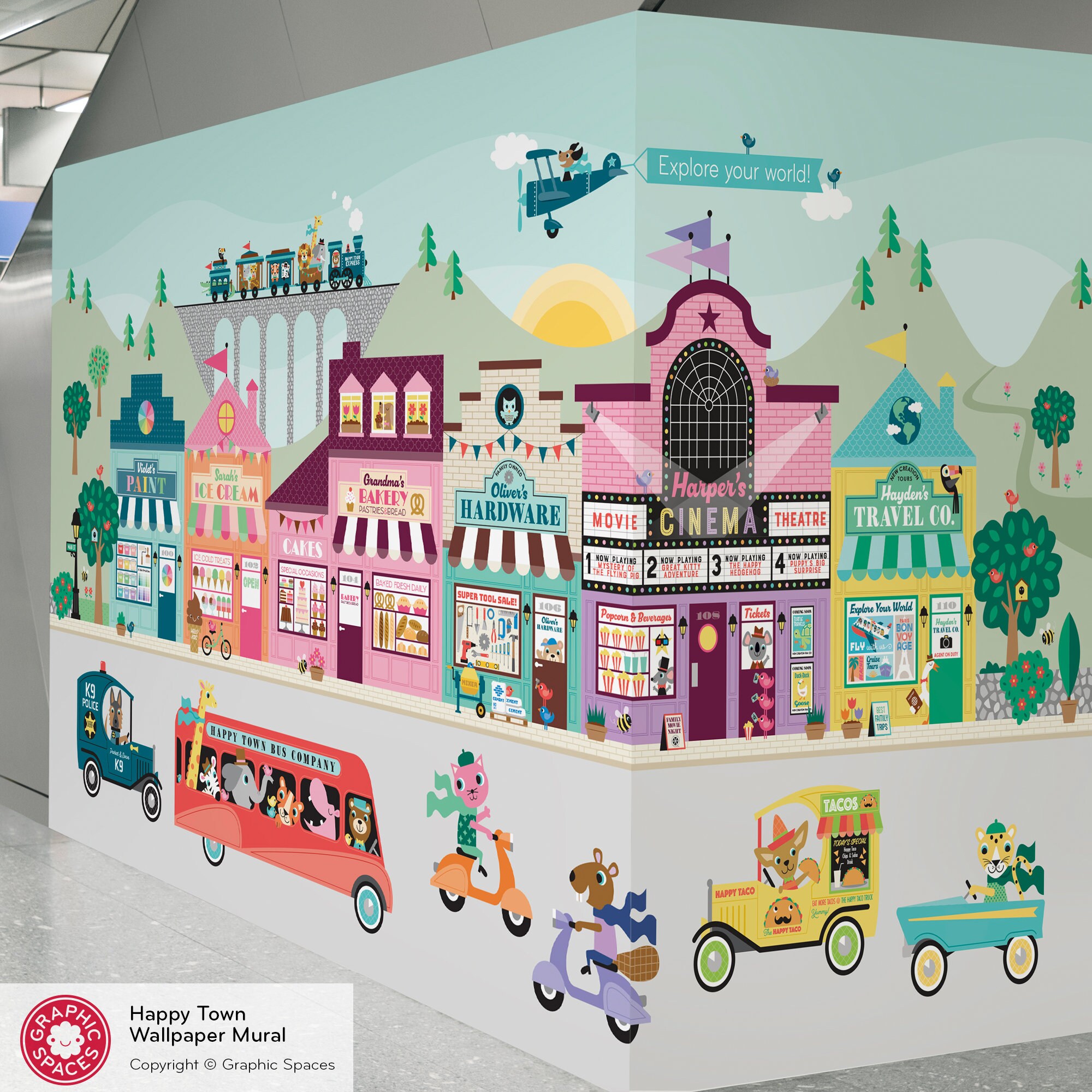Happy Town Wallpaper Mural (6) Building Shops, Village City Street, Transportation, Airplane, Train, Animals in Cars, Kids Playroom