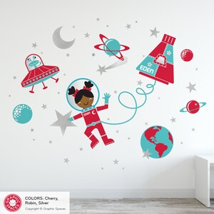 Space Walk Girl Fabric Wall Decal Personalized Name Rocket Capsule, UFO, Astronaut, Planets, Stars, Moon Baby Nursery Kids REUSABLE image 4