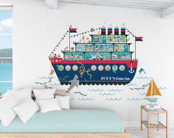 Vinilo decorativo de tela con diseño de barco de crucero (capitana) - Barco náutico infantil - Personalizado (S, G)