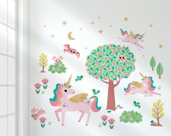 Jardín de unicornios y amigos animales - Vinilo decorativo de tela - Guardería infantil (rosa)