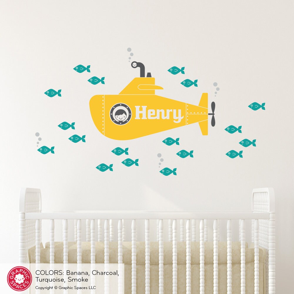 Yellow Submarine Boy Wall Decal Personalized Name Ocean Baby Etsy