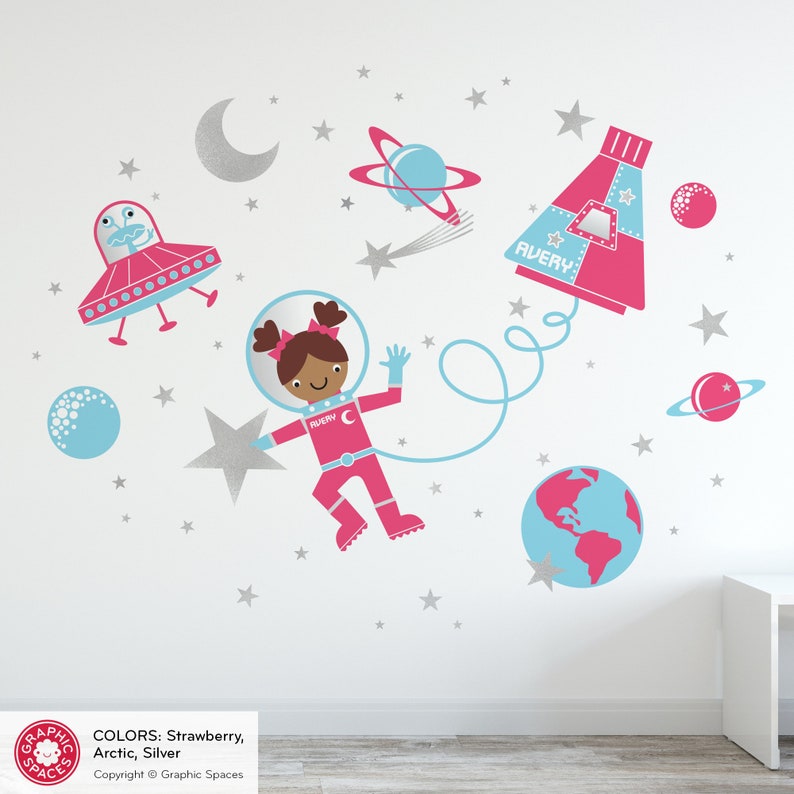 Space Walk Girl Fabric Wall Decal Personalized Name Rocket Capsule, UFO, Astronaut, Planets, Stars, Moon Baby Nursery Kids REUSABLE image 2