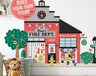 Fire Station Fabric Wall Decal, Personalized Kids Happy Town City Building, Firefighter Pretend & Dramatic Play, Reusable - M, L, XL