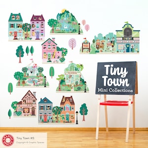 May include: A collection of colorful, illustrated wall decals featuring a miniature town scene. The set includes houses, a cinema, a botanical garden, and trees. The text "Tiny Town Mini Collections" is displayed on a chalkboard easel.