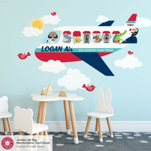 Jumbo Jet Airplane BOY Fabric Wall Decal, Animal Passenger Airliner, Personalized Name, Baby Nursery Kids Reusable Marshmallow (white)