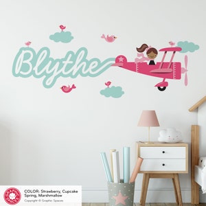 Airplane Girl Name Fabric Wall Decal Personalized Skywriter Travel Nursery Baby Kids, Cursive Script REUSABLE image 5