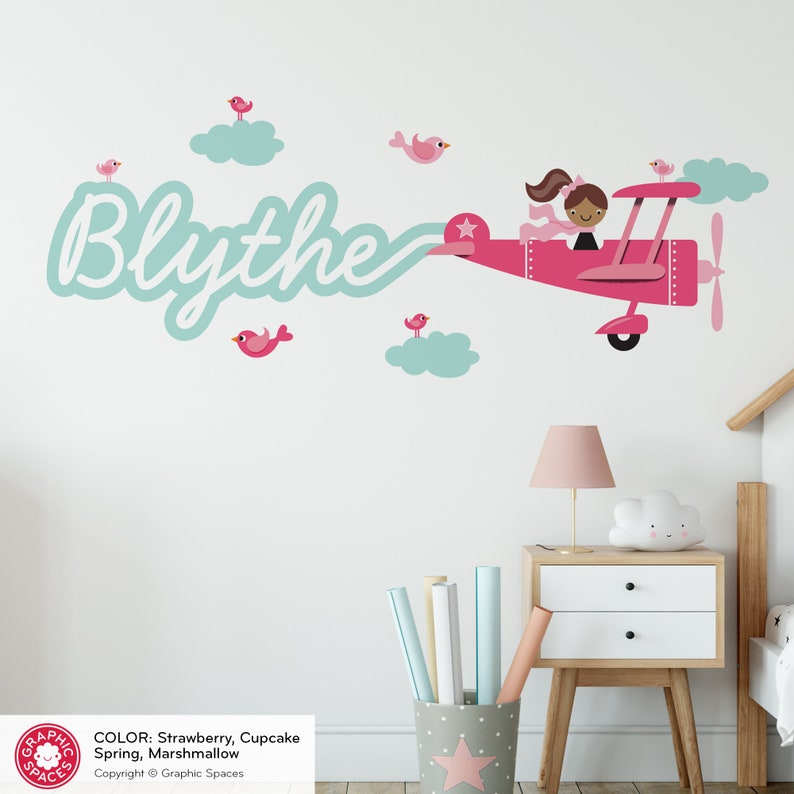 Airplane Girl Name Fabric Wall Decal Personalized Skywriter Travel Nursery Baby Kids, Cursive Script REUSABLE image 5