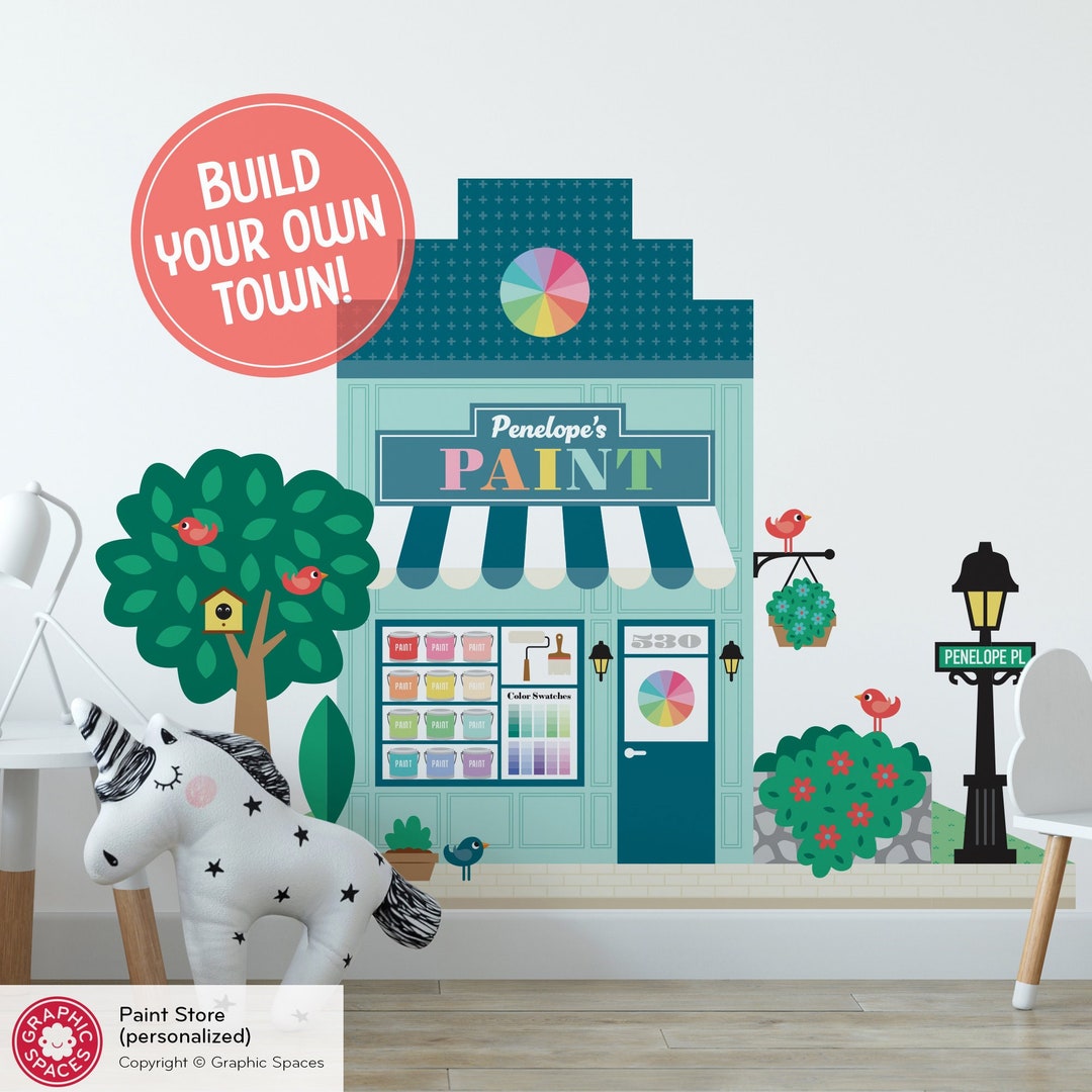 Paint Store Fabric Wall Decal, Personalized Kids Happy Town City ...