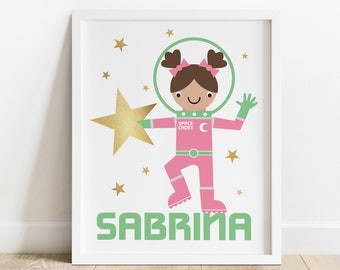 Astronaut Space Girl Nursery Art Print with Personalized Name