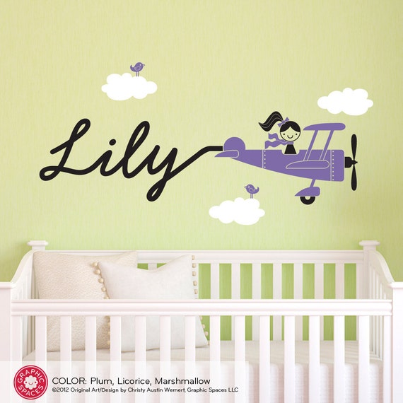 Airplane Girl Wall Decal Personalized Name Baby Girl Travel Etsy
