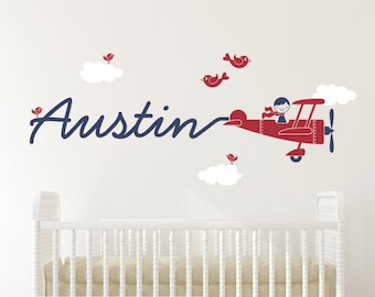 Airplane Wall Decal Boy Name Skywriter for Baby Nursery Kids Playroom Personalized Cute Cursive