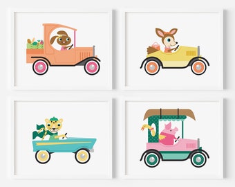 Animals in Cars Art Prints, Whimsical Baby Nursery Vehicles, Kids Car Wall Art Transportation Decor - Set of 4 Prints