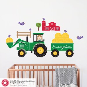 Farm Tractor Girl Nursery Fabric Wall Decal,  Personalized Name Hay Wagon - Reusable