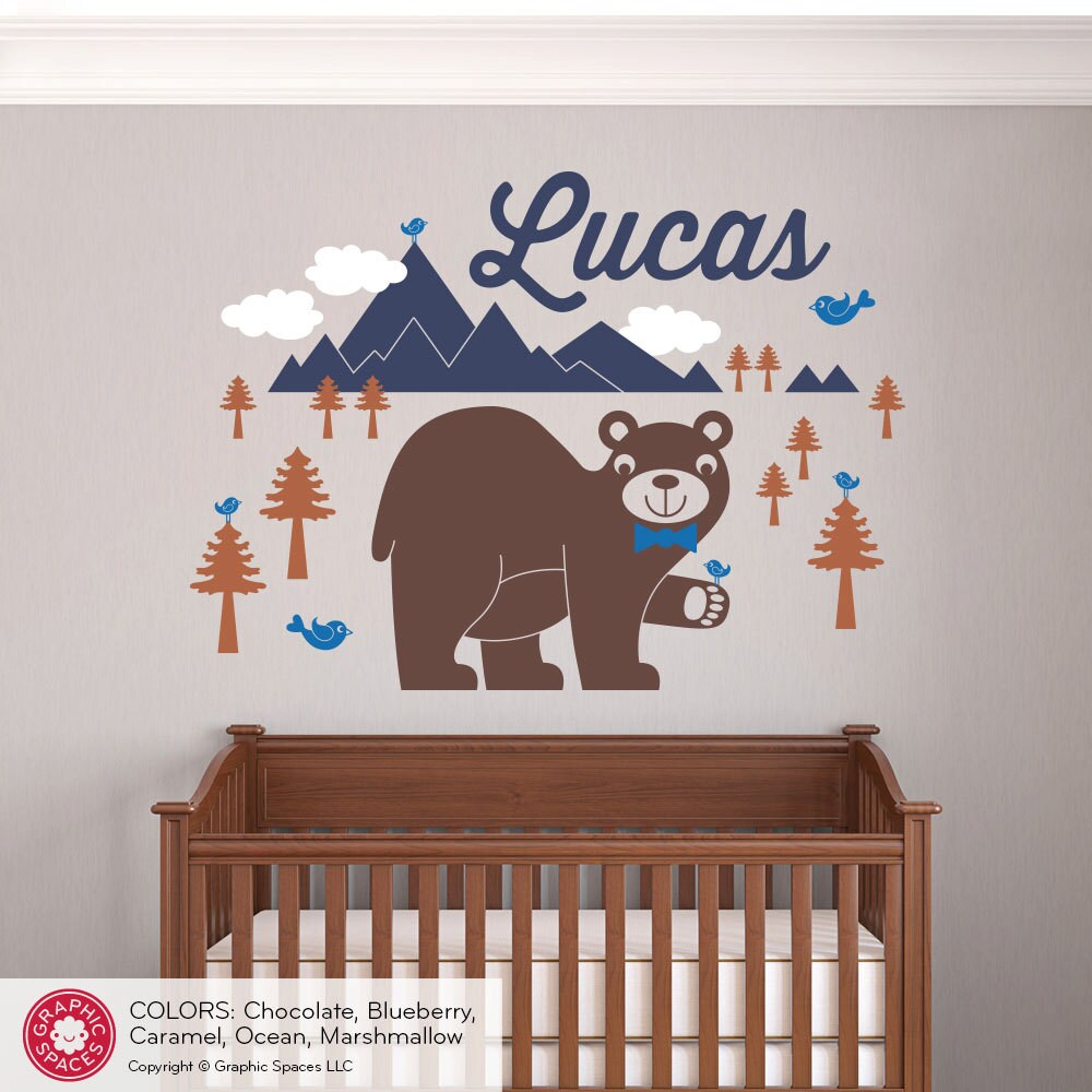 Happy Bear Wall Decal Baby Animal Nursery Wilderness Mountain Etsy