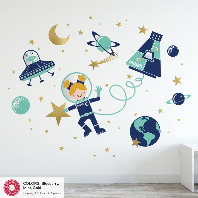 Space Walk Girl Fabric Wall Decal Personalized Name Rocket Capsule, UFO, Astronaut, Planets, Stars, Moon Baby Nursery Kids REUSABLE image 7